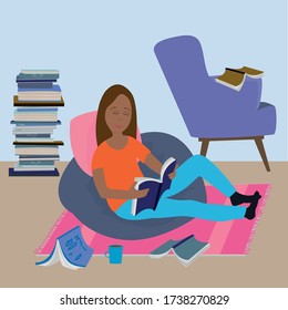 Vector illustration of woman relaxing and reading at home.