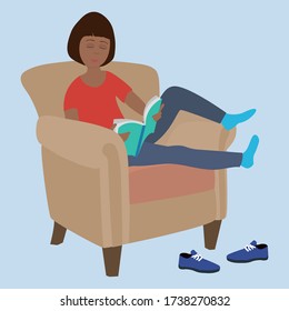 Vector illustration of woman relaxing and reading at home.