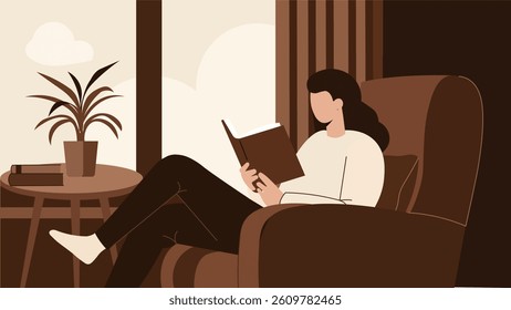 Vector illustration of a woman relaxing and reading a book comfortably in her home. This depicts a peaceful indoor scene with a woman engrossed in her book, sitting in a cozy armchair near a window.