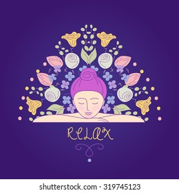 Vector illustration. Woman resting her head on his hands. Relaxation and harmony. Self care. Aromatherapy. The background image for the beauty salon, wellness center.