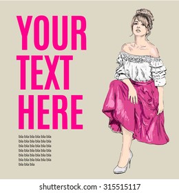vector illustration of a woman in a retro style wearing a skirt and blouse. copy space