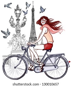 Vector illustration of a woman riding a bicycle  in Paris