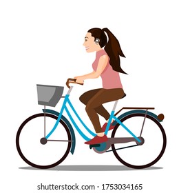 Vector illustration of a woman riding a bicycle and smiling happily, isolated on a white background.Eco transport.A bicycle on white.