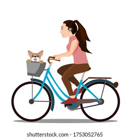 Vector illustration woman riding a bicycle and smiling happily, with a dog in a basket, isolated on a white background