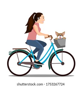 Vector illustration woman riding a bicycle and smiling happily, with a dog in a basket, isolated on a white background.A bicycle on white.