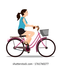 Vector illustration of a woman riding a bicycle and smiling happily, isolated on a white background.