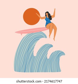 Vector illustration with woman riding blue ocean wave on pink surfboard. Summer surfing apparel print design