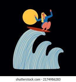 Vector illustration with woman riding blue ocean wave on red surfboard in the night with moon. Summer surfing apparel print design