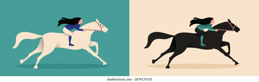 Vector illustration of woman riding a horse, escaping or for sport