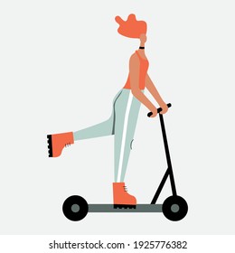 Vector illustration with woman riding kick scooter. Cartoon charcater.