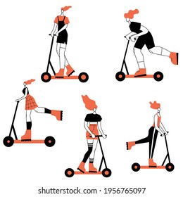 Vector illustration with woman riding kick scooter. Cartoon charcater.