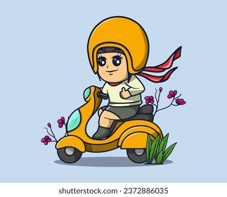 vector illustration of woman riding a motorbike and wearing a helmet, plants around her. lifestyle icon concept