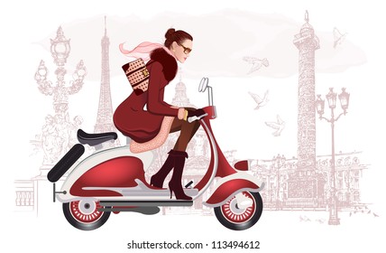 Vector illustration of a woman riding a scooter