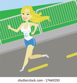 Vector illustration of a woman running a marathon on a street. For jpeg version, please see my portfolio.