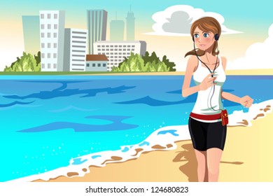 A vector illustration of a woman running on the beach