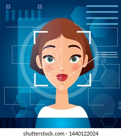 Vector illustration of woman s face recognition concept. Biometric face scanning, futuristic security, personal verification on monitor, cyber protection concept.