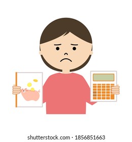 Ilustración vectorial de una mujer con cara triste con calculadora 