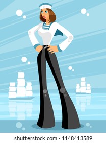 Vector illustration of a woman sailor on sea background