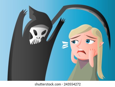 Vector illustration of a woman scared by Gream reaper 