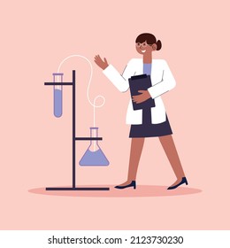 Vector illustration woman scientist with glass flask background for International Day of Women and Girls in Science. 