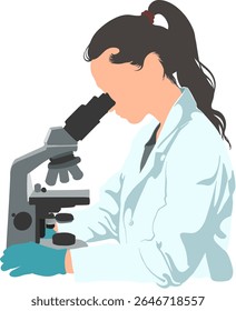 Ilustração vetorial de uma cientista usando um microscópio em um jaleco e luvas, representando pesquisa, ciência e descoberta médica.