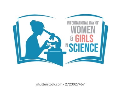 Ilustración vectorial de una mujer científica usando un microscopio, simbolizando a mujeres y niñas en la ciencia, la educación STEM y la igualdad de género en la investigación científica.