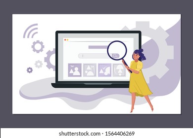 Vector illustration of a woman searching for an image on a big laptop. Concept of image research