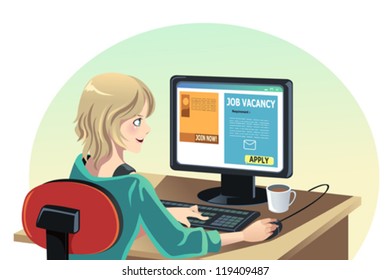 A vector illustration of a woman searching for a job online