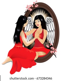 Vector Illustration of a woman seeing her reflection with confidence.