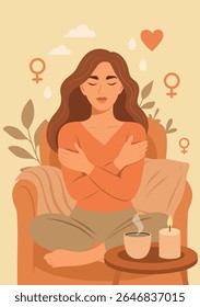 Vector illustration of woman in self-hugging pose, symbol of mental health, hormone, self-acceptance and emotional healing. Interior, candle, tea. For women's health and psychology projects