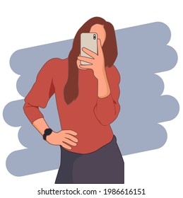 
vector illustration of woman selfie mirror in glass