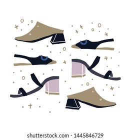 Vector illustration of woman shoes, boots, sandals isolated on white. Handdrawn doodle style sketchy footwear illustrations. Fashion collection sketch. - Vector