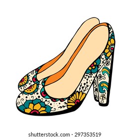 Vector illustration of woman shoes. Hand-drown objects illustrations. Black and white fashion collection.