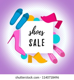Vector illustration of woman shoes sale banner. Flat objects illustrations. Spring-summer fashion collection. Shopping.