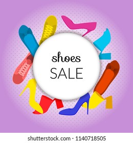 Vector illustration of woman shoes sale banner. Flat objects illustrations. Spring-summer fashion collection. Shopping.