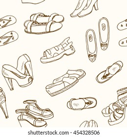 Vector illustration of woman shoes seamless pattern. Hand-drown objects. Spring-summer fashion collection.