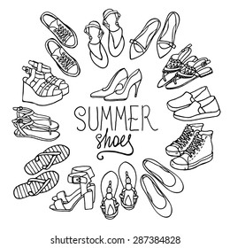 Vector illustration of woman shoes set. Hand-drown objects illustrations. Black and white fashion collection.