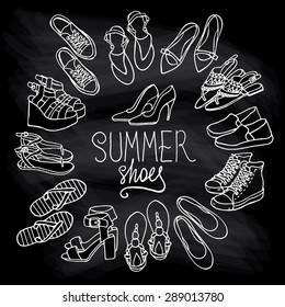 Vector illustration of woman shoes set. Hand-drown objects illustrations. Black and white spring summer fashion collection.