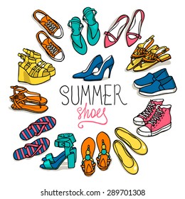 Vector illustration of woman shoes set. Hand-drown objects illustrations. Spring-summer fashion collection.