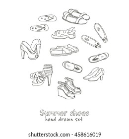 Vector illustration of woman shoes set. Hand-drown objects. Spring-summer fashion collection.