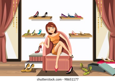 A vector illustration of a woman in a shoes store shopping for shoes