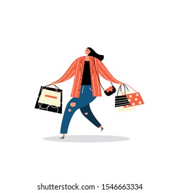 Vector illustration of woman with shopping bags