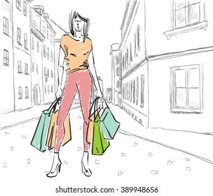 vector illustration of a woman with shopping bags