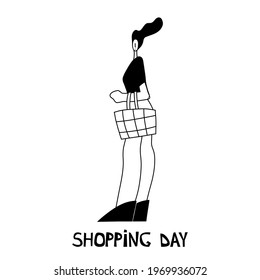 Vector illustration. Woman shopping with shopping cart. Cartoon character.