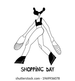 Vector illustration. Woman shopping with shopping cart. Cartoon character.