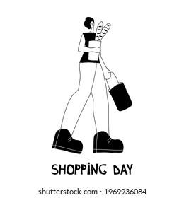 Vector illustration. Woman shopping with shopping cart. Cartoon character.