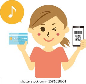 Vector illustration of a woman shopping with electronic payment . 
Smartphone, person　