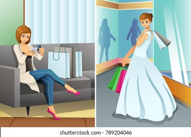 A vector illustration of Woman Shopping Online and at Mall for Her Wedding