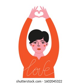 Vector illustration with woman showing heart hand sign and calligraphy word Love on red shirt. Inspirational print design, feminism, self care and bodypositive typography poster