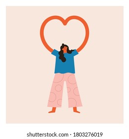 Vector illustration with woman showing heart shape by hands. Inspirational and motivational female vector illustration, peaceful lifestyle and self care concept art, greeting card template